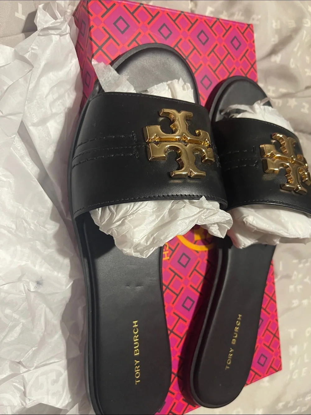 Tory Burch Black Leather Slides with Gold Logo Hardware